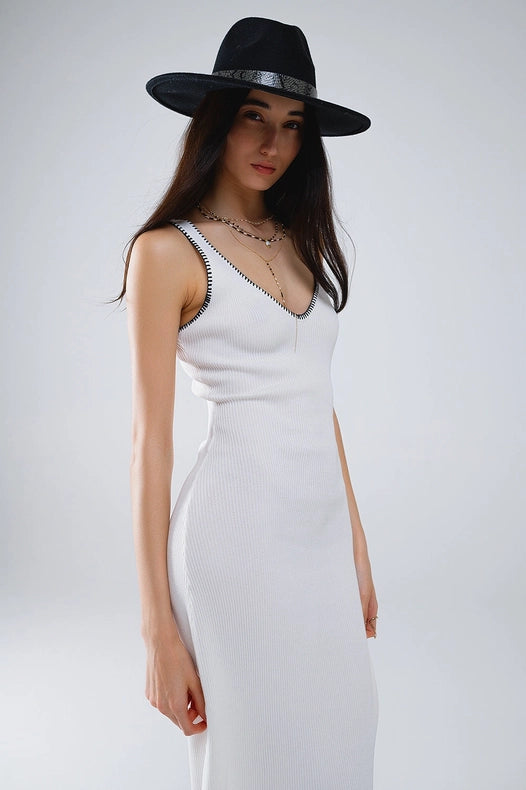 Summer Body Hugging Knitted Dress in White with Black Trim