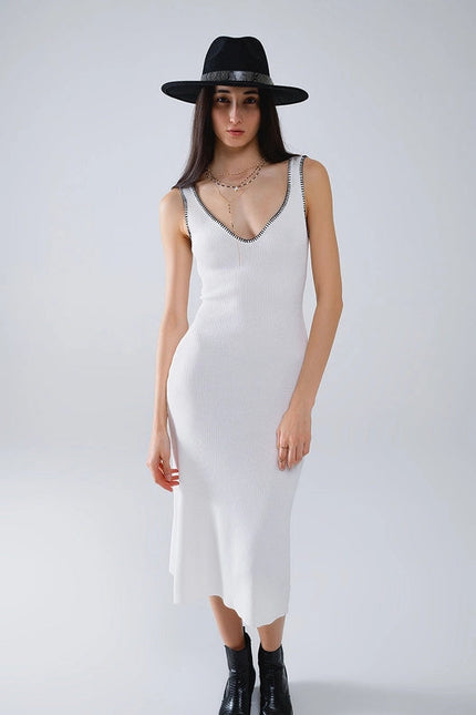 Summer Body Hugging Knitted Dress in White with Black Trim