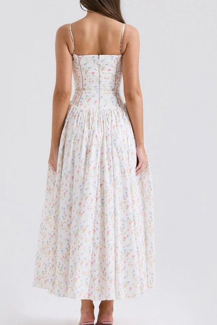 Summer Sexy Floral Print Cinched Waist Strap Maxi Dress)