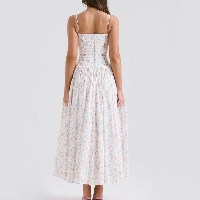 Summer Sexy Floral Print Cinched Waist Strap Maxi Dress)