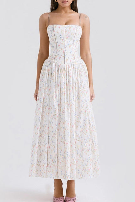 Summer Sexy Floral Print Cinched Waist Strap Maxi Dress)