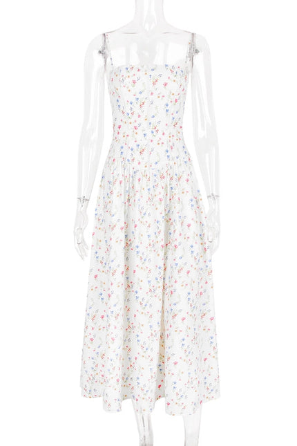 Summer Sexy Floral Print Cinched Waist Strap Maxi Dress)