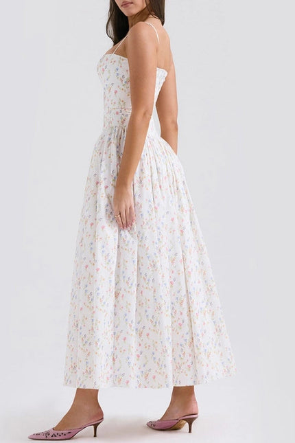 Summer Sexy Floral Print Cinched Waist Strap Maxi Dress)