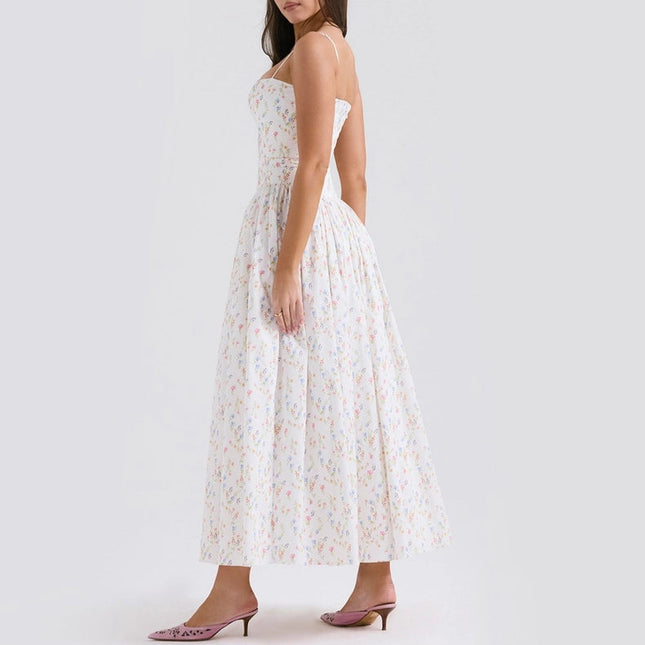 Summer Sexy Floral Print Cinched Waist Strap Maxi Dress)