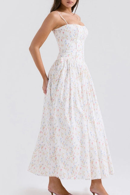 Summer Sexy Floral Print Cinched Waist Strap Maxi Dress)