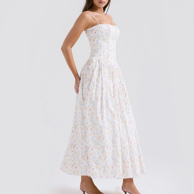 Summer Sexy Floral Print Cinched Waist Strap Maxi Dress)