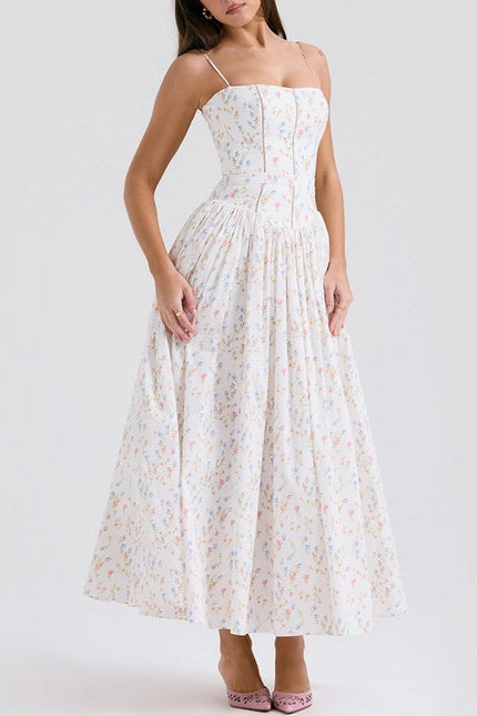 Summer Sexy Floral Print Cinched Waist Strap Maxi Dress)