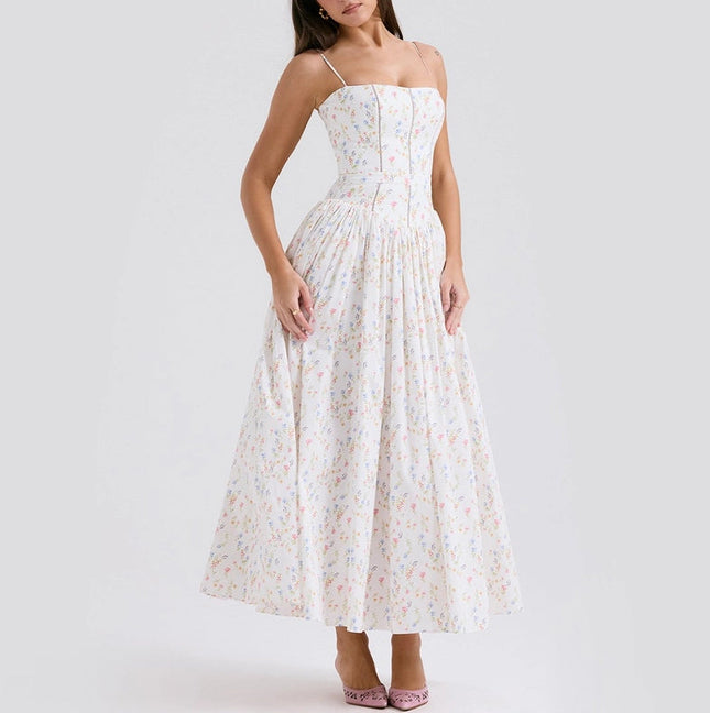 Summer Sexy Floral Print Cinched Waist Strap Maxi Dress)