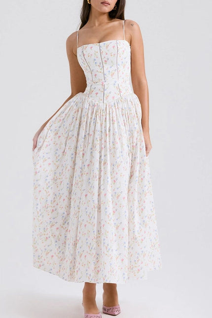 Summer Sexy Floral Print Cinched Waist Strap Maxi Dress)