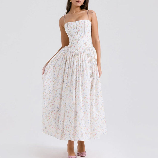 Summer Sexy Floral Print Cinched Waist Strap Maxi Dress)