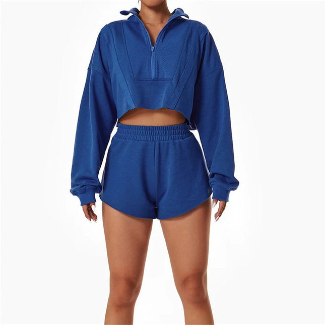 Sweetkama Ladies Stand Collar Zipper Hoodie Loose Short Set Blue