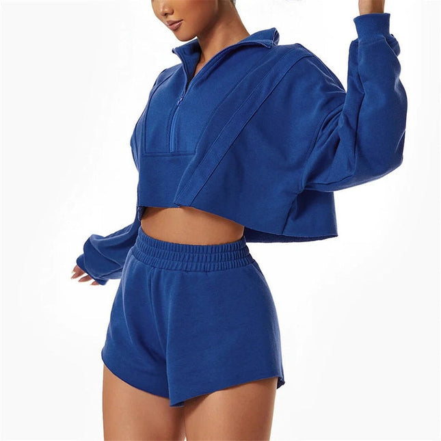 Sweetkama Ladies Stand Collar Zipper Hoodie Loose Short Set Blue