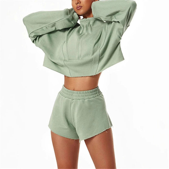 Sweetkama Ladies Stand Collar Zipper Hoodie Loose Short Set Green