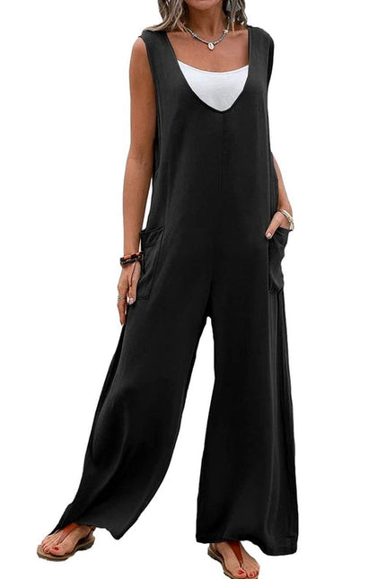 Sweetkama Ladies Two Shoulder Overalls Solid Daily Jumpsuit Black