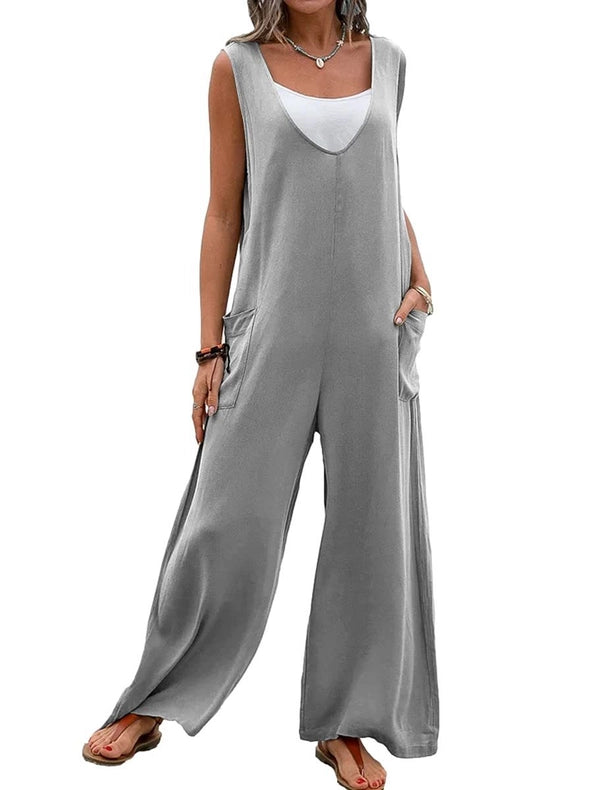 Sweetkama Ladies Two Shoulder Overalls Solid Daily Jumpsuit Grey