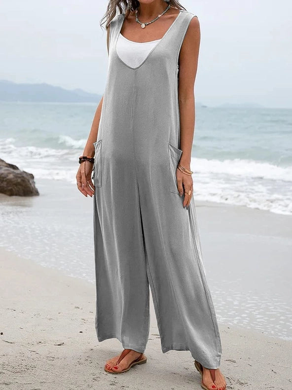 Sweetkama Ladies Two Shoulder Overalls Solid Daily Jumpsuit Grey