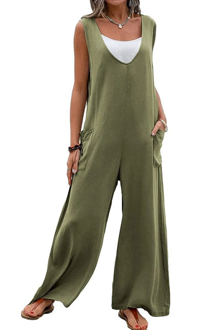 Sweetkama Ladies Two Shoulder Overalls Solid Daily Jumpsuit Olive