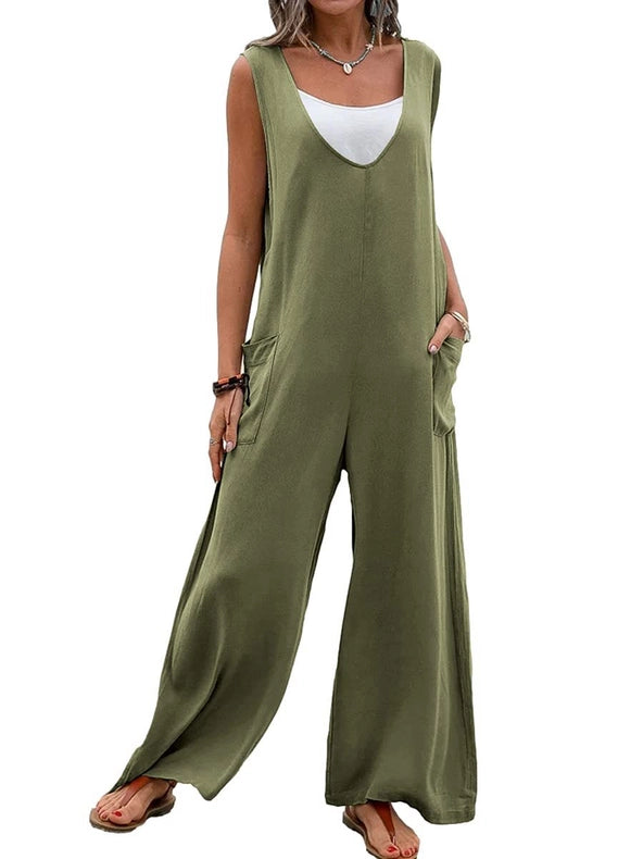 Sweetkama Ladies Two Shoulder Overalls Solid Daily Jumpsuit Olive