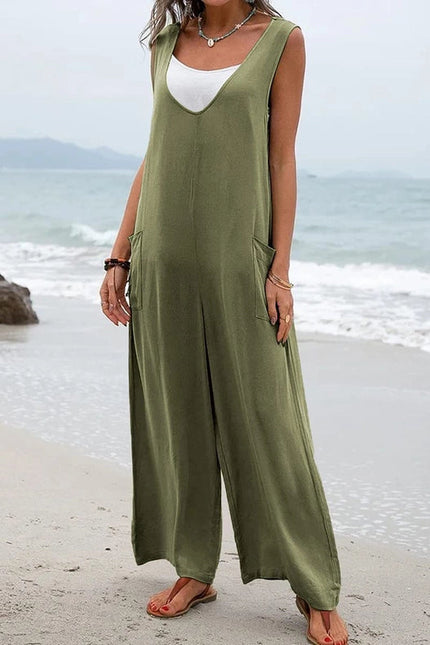 Sweetkama Ladies Two Shoulder Overalls Solid Daily Jumpsuit Olive