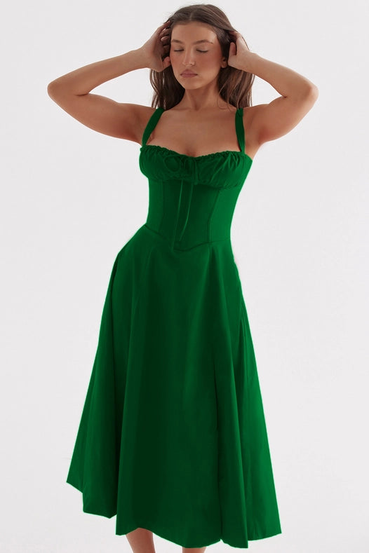 Sweetkama Ladies Two Shoulder Solid Color Daily Midi Dress Green