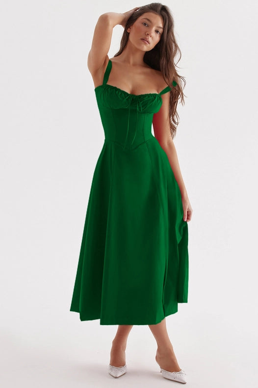 Sweetkama Ladies Two Shoulder Solid Color Daily Midi Dress Green