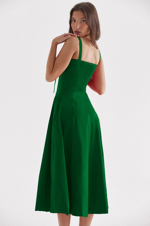 Sweetkama Ladies Two Shoulder Solid Color Daily Midi Dress Green