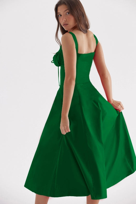 Sweetkama Ladies Two Shoulder Solid Color Daily Midi Dress Green