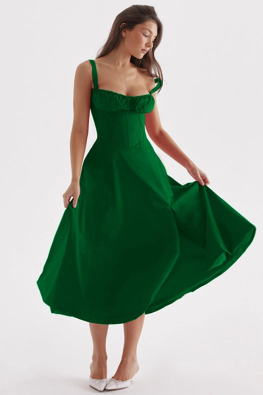 Sweetkama Ladies Two Shoulder Solid Color Daily Midi Dress Green