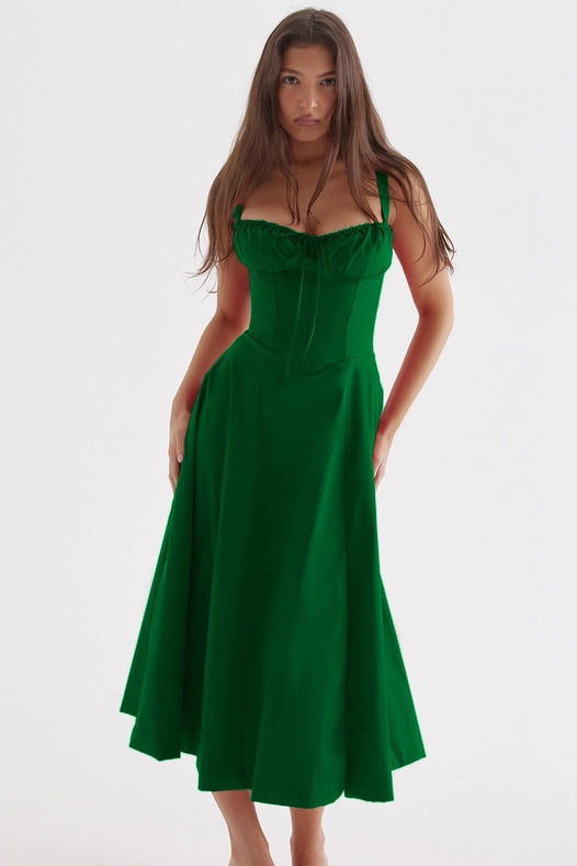 Sweetkama Ladies Two Shoulder Solid Color Daily Midi Dress Green