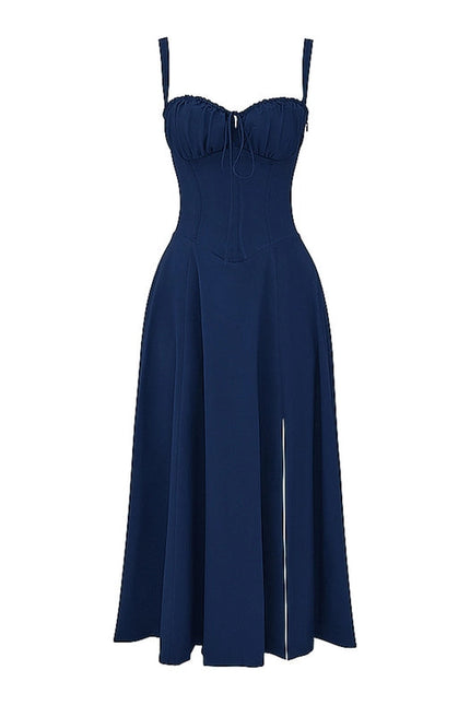 Sweetkama Ladies Two Shoulder Solid Color Daily Midi Dress Navy Blue