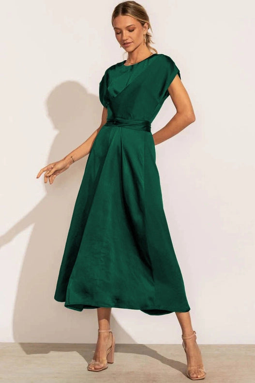 Sweetkama Ladies Waist Tie Short Sleeves Daily Party Dress Dark Green