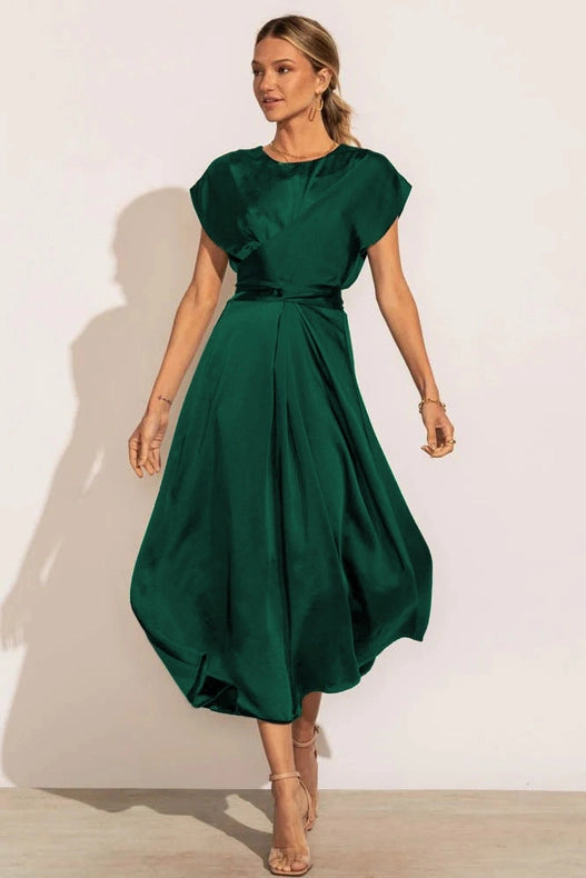 Sweetkama Ladies Waist Tie Short Sleeves Daily Party Dress Dark Green