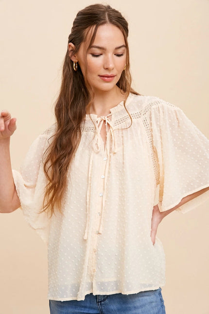 Swiss Dot Chiffon Button Front Blouse BUTTERCREAM