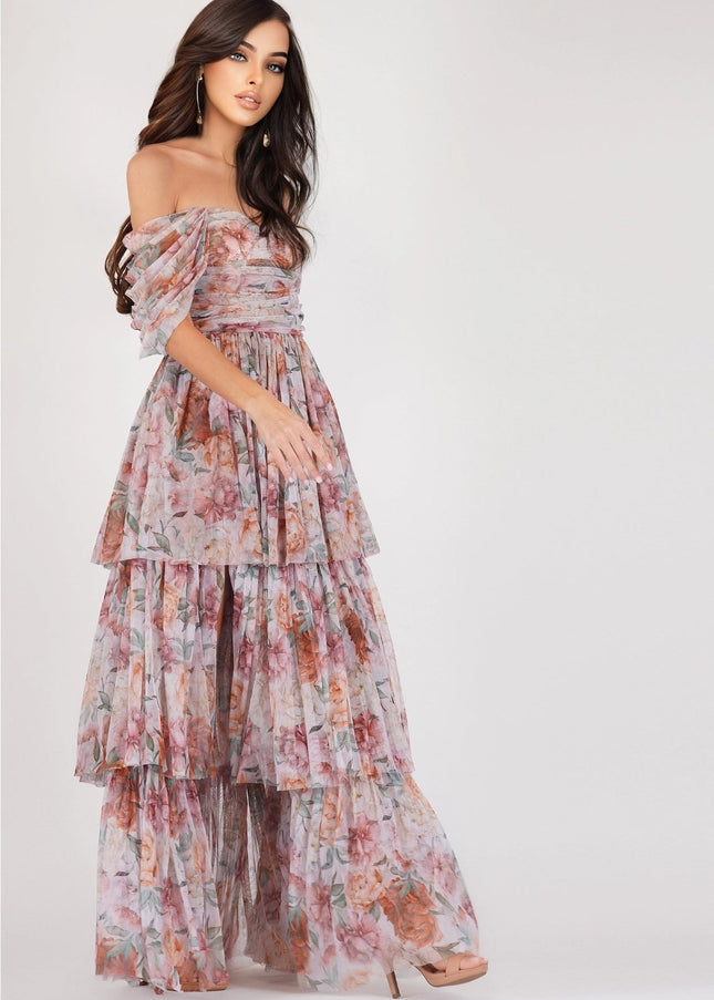 Sydney Off Shoulder Tulle Maxi Dress in Brown Floral