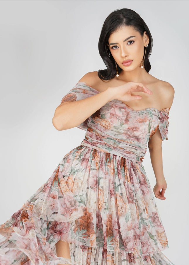 Sydney Off Shoulder Tulle Maxi Dress in Brown Floral