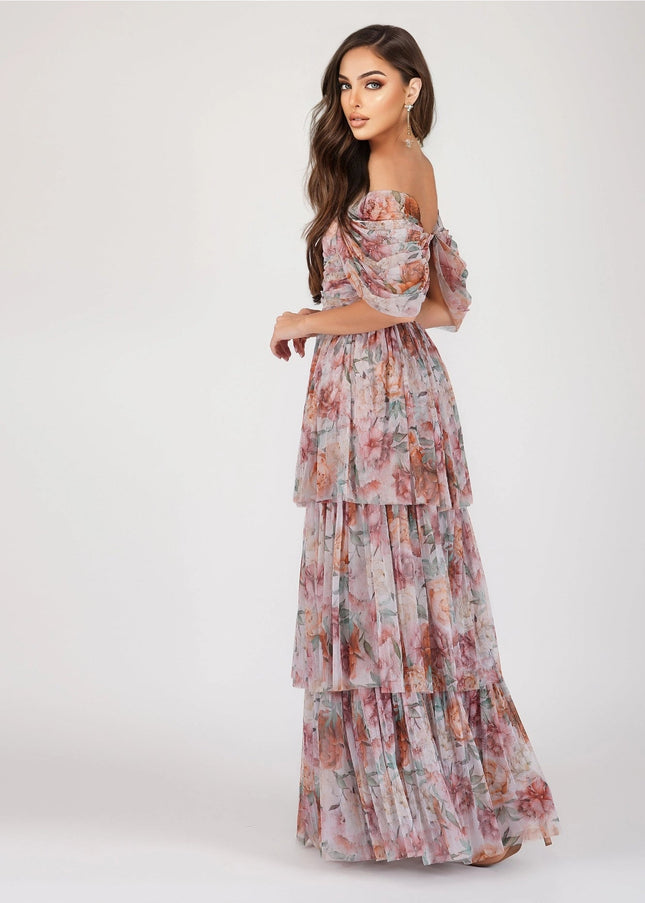 Sydney Off Shoulder Tulle Maxi Dress in Brown Floral