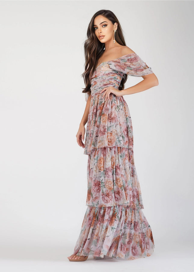 Sydney Off Shoulder Tulle Maxi Dress in Brown Floral