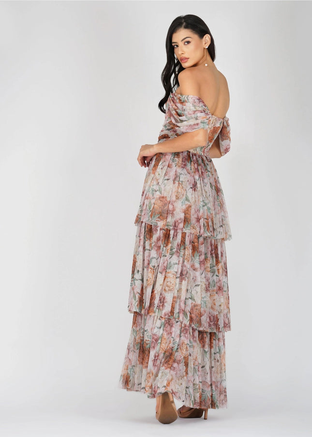 Sydney Off Shoulder Tulle Maxi Dress in Brown Floral