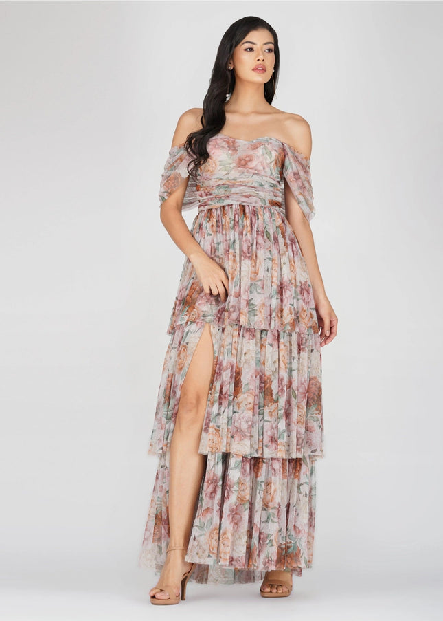 Sydney Off Shoulder Tulle Maxi Dress in Brown Floral