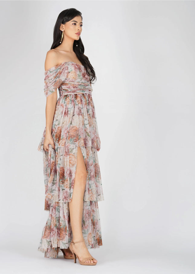 Sydney Off Shoulder Tulle Maxi Dress in Brown Floral