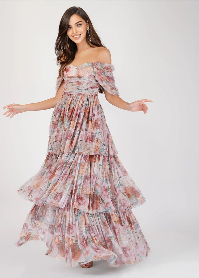 Sydney Off Shoulder Tulle Maxi Dress in Brown Floral