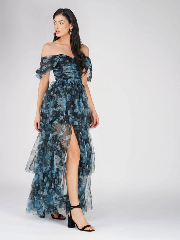 Sydney Tulle Maxi Dress in Blue Floral