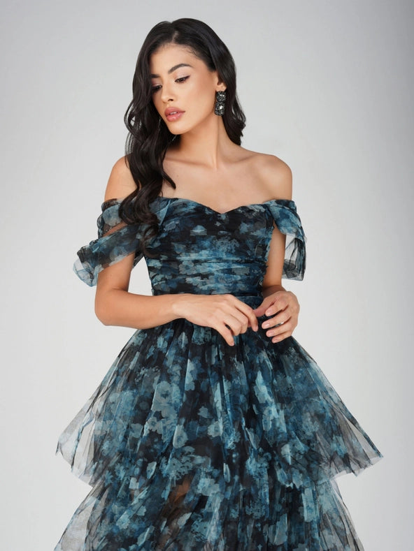 Sydney Tulle Maxi Dress in Blue Floral