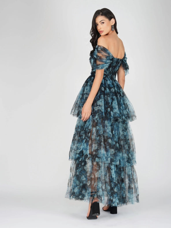 Sydney Tulle Maxi Dress in Blue Floral