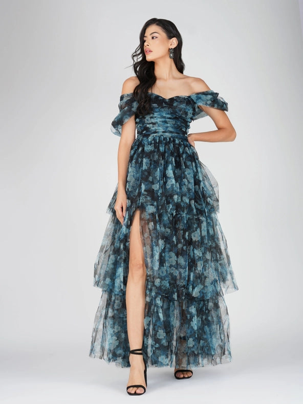 Sydney Tulle Maxi Dress in Blue Floral