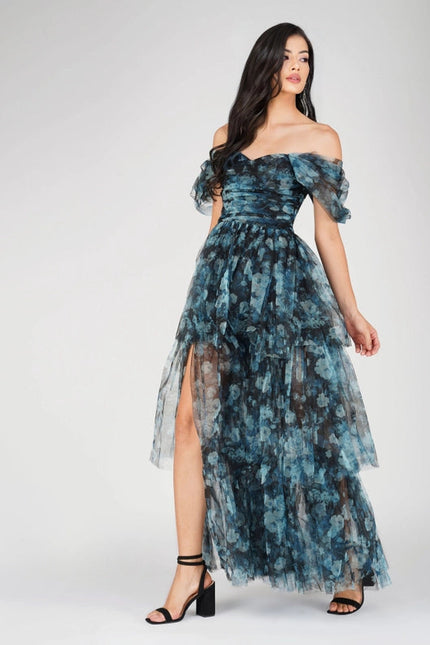 Sydney Tulle Maxi Dress in Blue Floral
