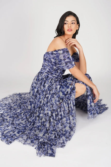 Sydney Tulle Maxi Dress in Blue Leaf Print