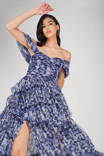 Sydney Tulle Maxi Dress in Blue Leaf Print