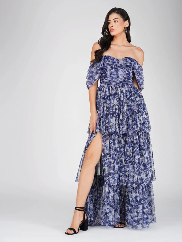 Sydney Tulle Maxi Dress in Blue Leaf Print