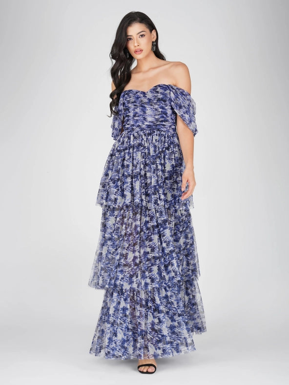 Sydney Tulle Maxi Dress in Blue Leaf Print